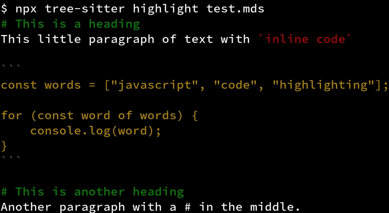 Syntax highlighting on headings, inline code and code blocks